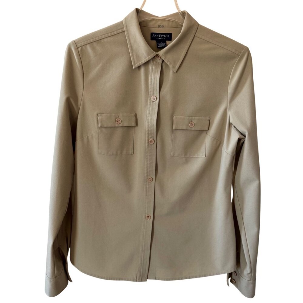 Khaki Ann Taylor Stretch Button-Up Military Inspired Shirt with Pockets Size 6